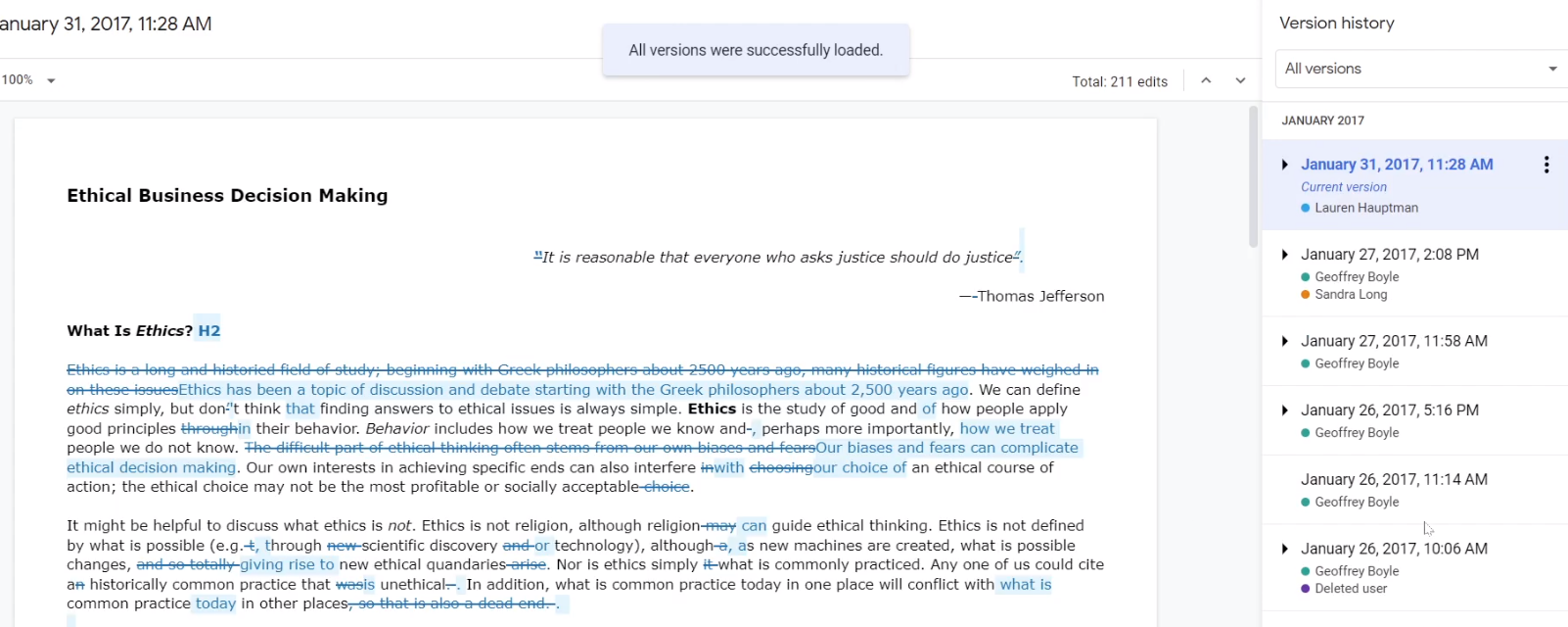 Google doc with track changes on showing many edits from different users