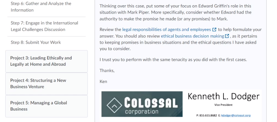 Fictional email in project shows a link to Ethical Business Decision Making